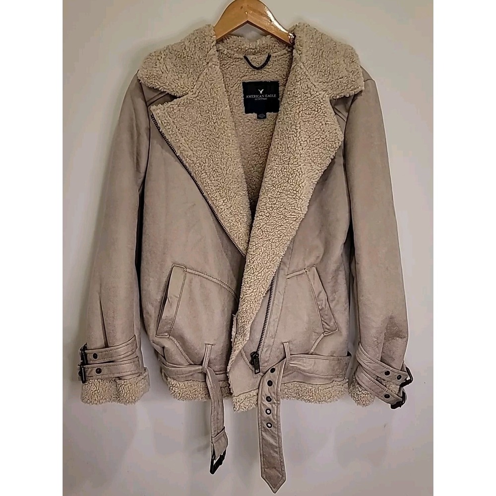 American Eagle‎ Sherpa Lined Moto Aviator Jacket Biege Suede Trucker Bomber